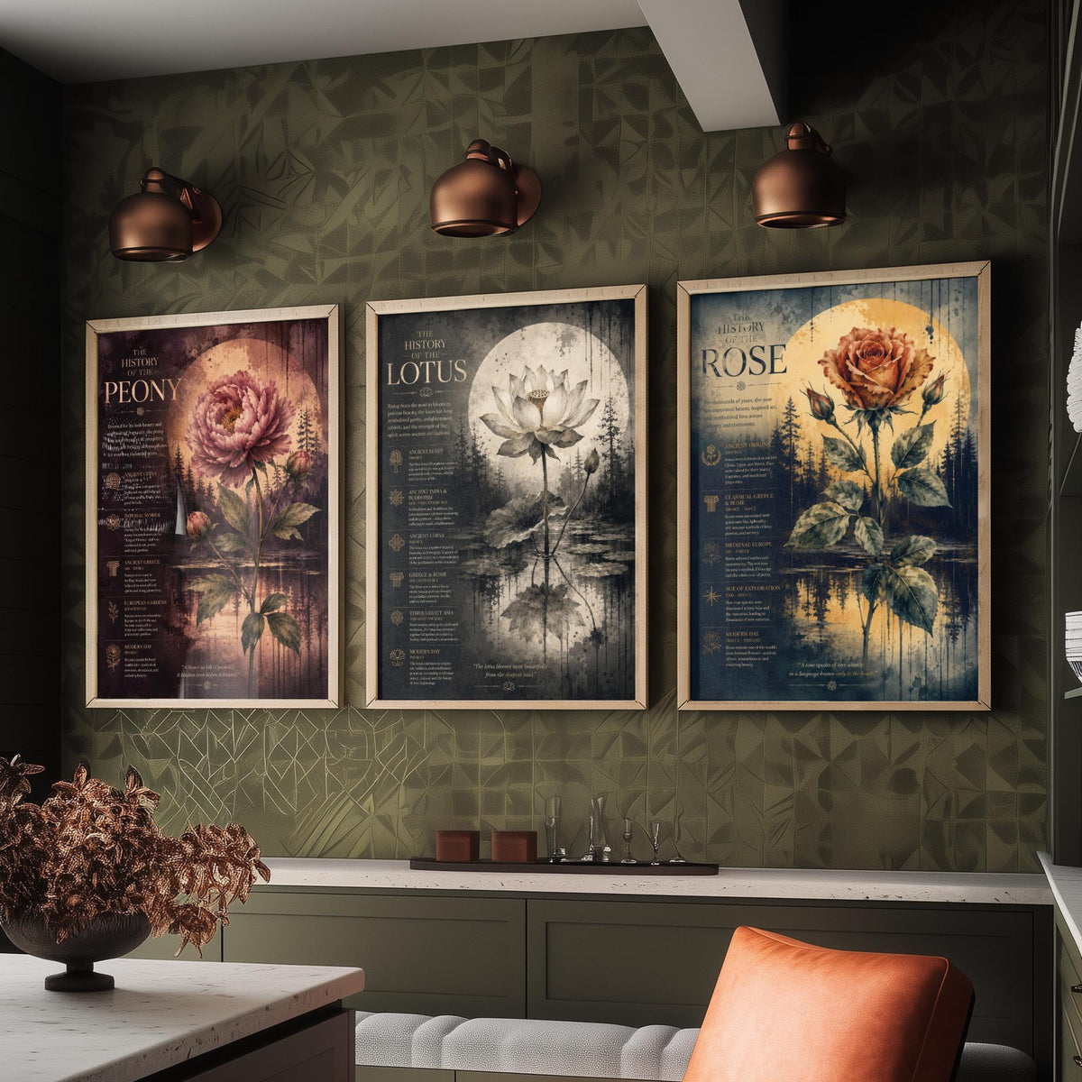 Flower History Set of Three Art Prints - 3 Peony Lotus Rose Botanical Posters - Vintage Wall Art Gift Illustration Educational