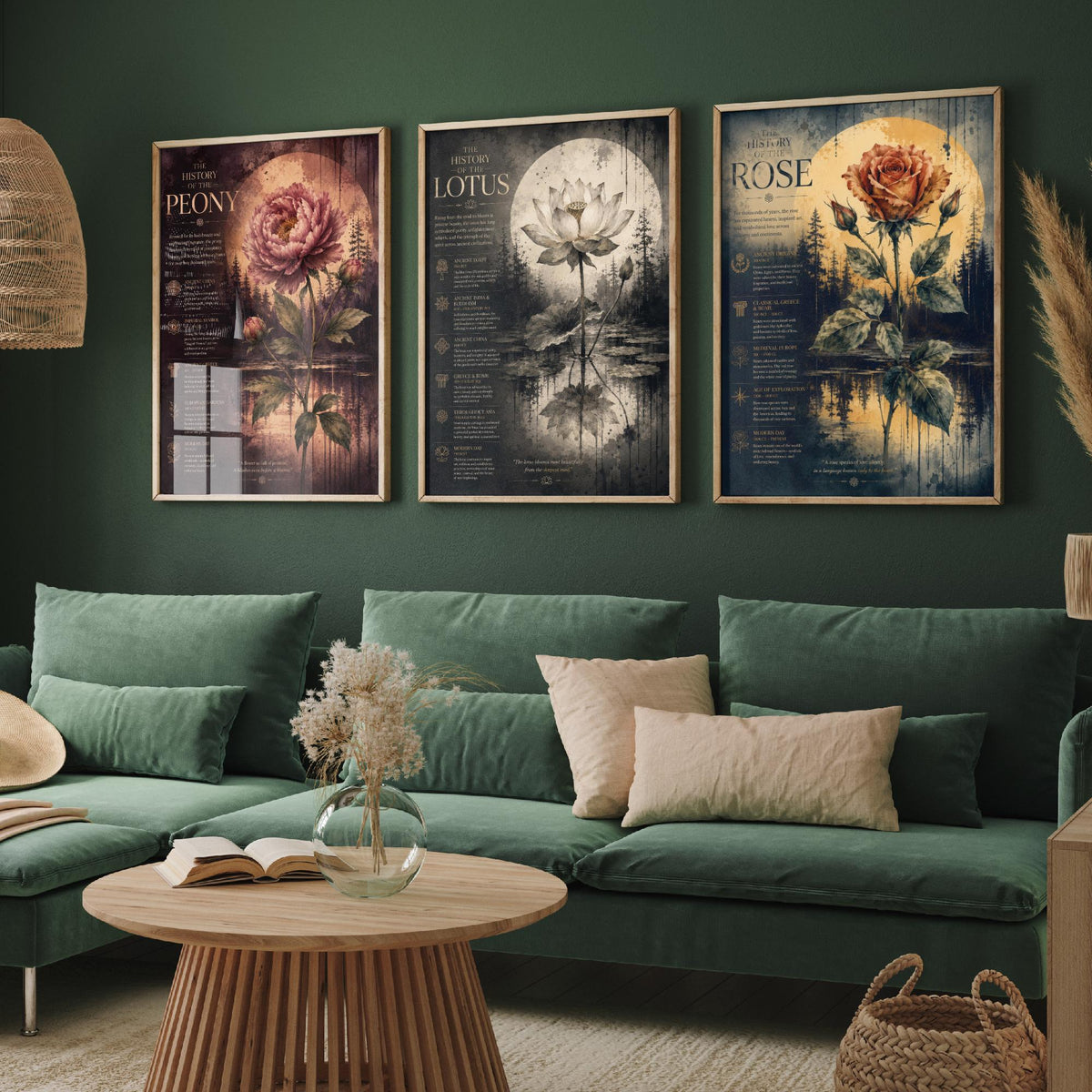 Flower History Set of Three Art Prints - 3 Peony Lotus Rose Botanical Posters - Vintage Wall Art Gift Illustration Educational