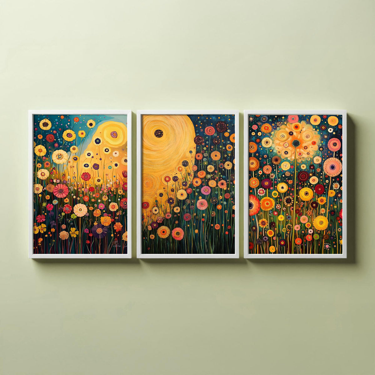 Wildflower Meadow Set of Three Art Prints - 3 Klimt Style Floral Posters - Gold Teal Painting Wall Art Gift Botanical Vibrant