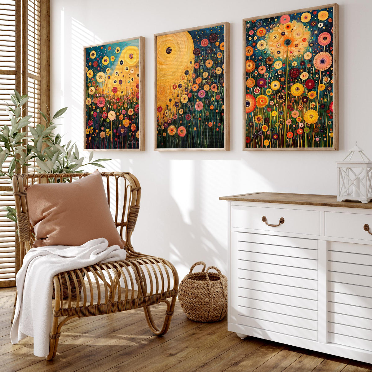 Wildflower Meadow Set of Three Art Prints - 3 Klimt Style Floral Posters - Gold Teal Painting Wall Art Gift Botanical Vibrant