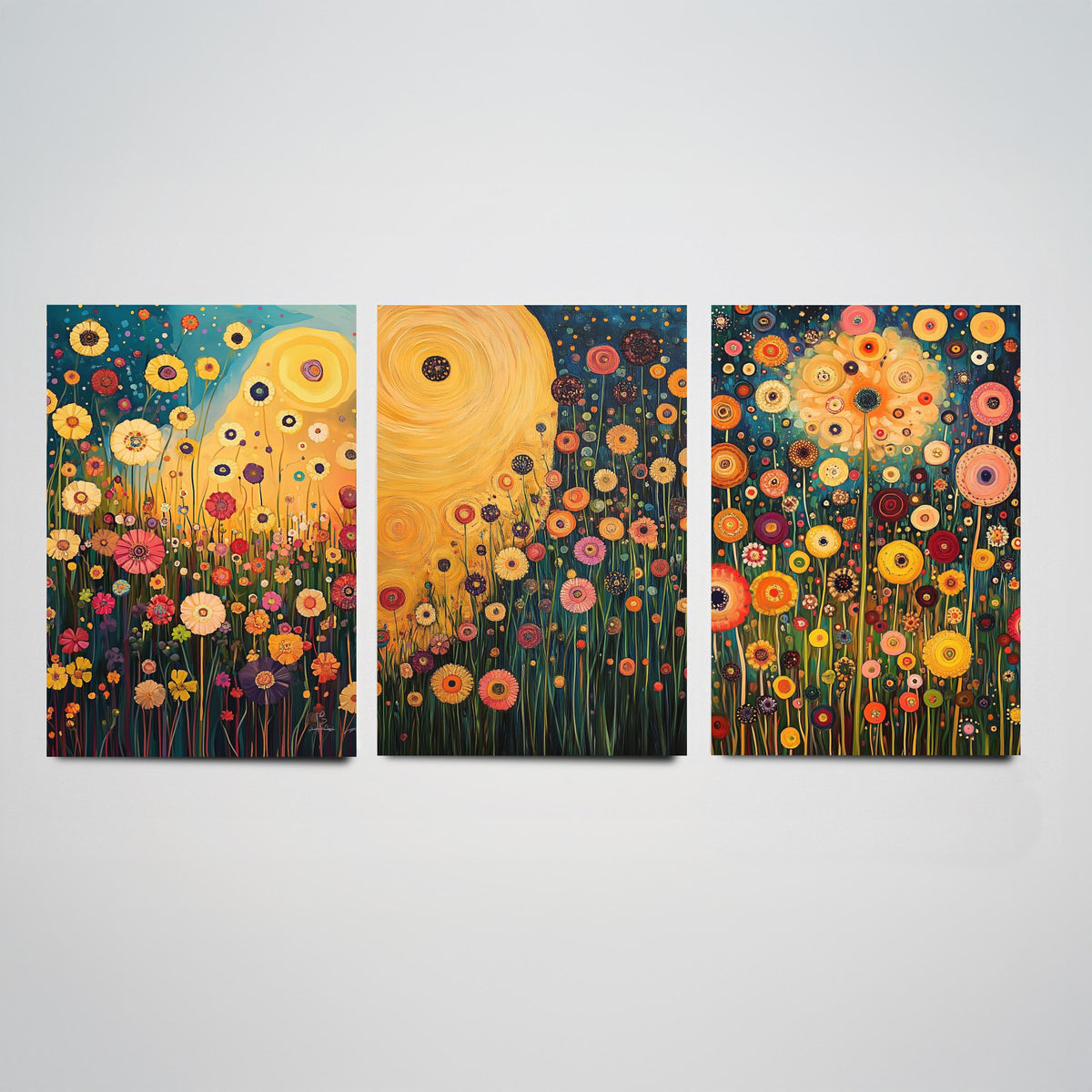 Wildflower Meadow Set of Three Art Prints - 3 Klimt Style Floral Posters - Gold Teal Painting Wall Art Gift Botanical Vibrant