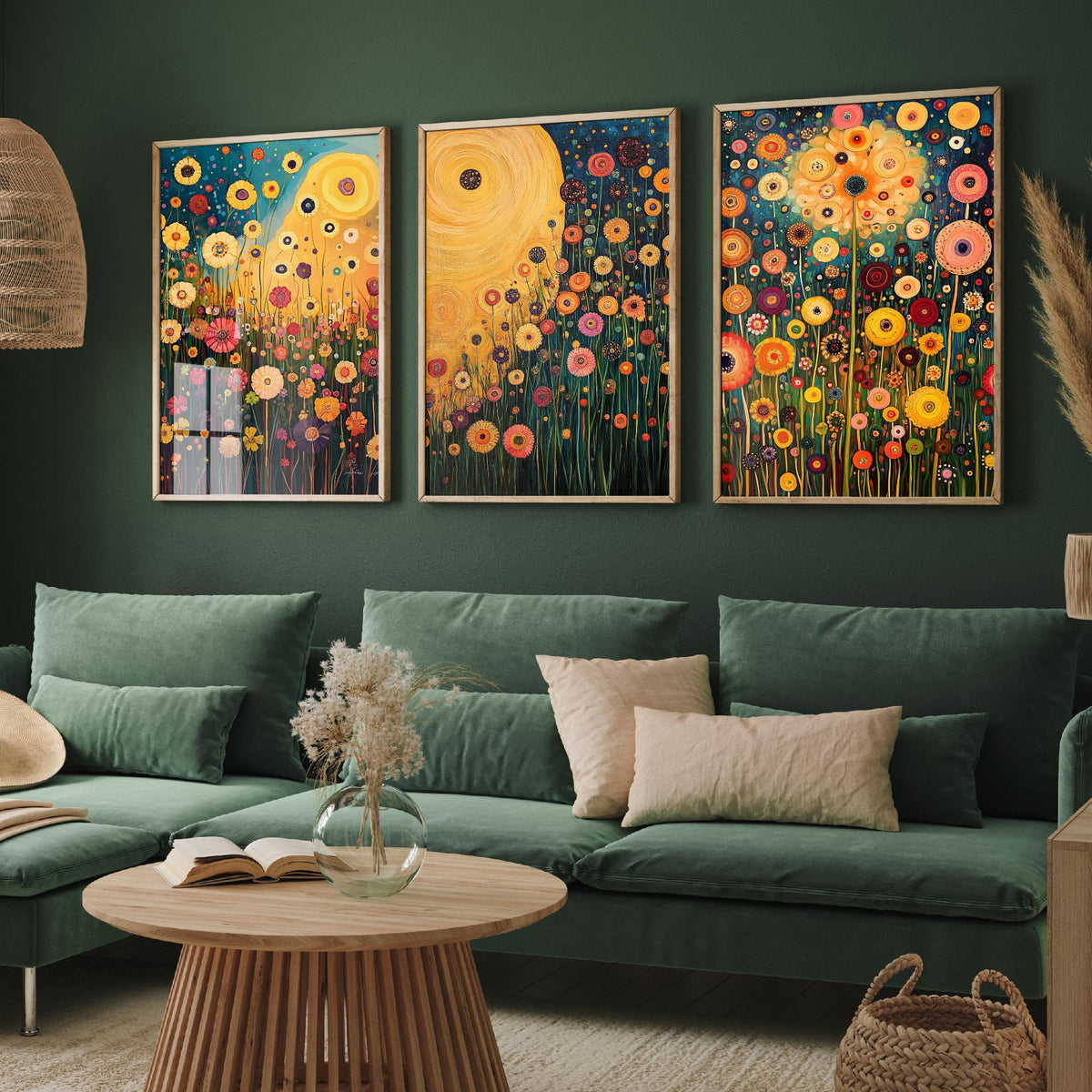 Wildflower Meadow Set of Three Art Prints - 3 Klimt Style Floral Posters - Gold Teal Painting Wall Art Gift Botanical Vibrant
