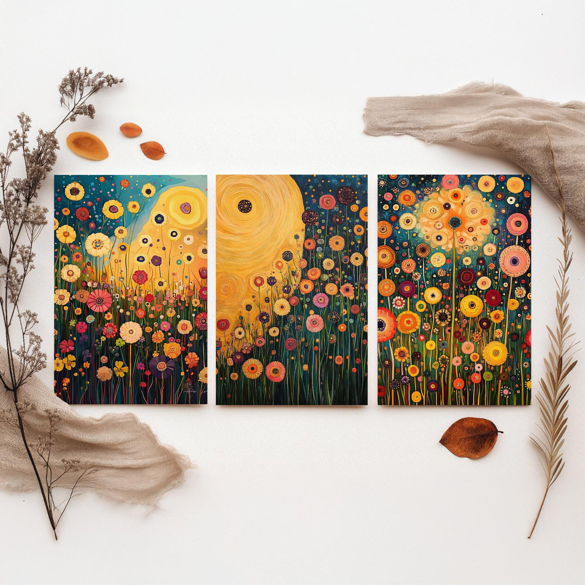 Wildflower Meadow Set of Three Art Prints - 3 Klimt Style Floral Posters - Gold Teal Painting Wall Art Gift Botanical Vibrant