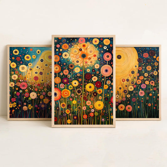 Wildflower Meadow Set of Three Art Prints - 3 Klimt Style Floral Posters - Gold Teal Painting Wall Art Gift Botanical Vibrant
