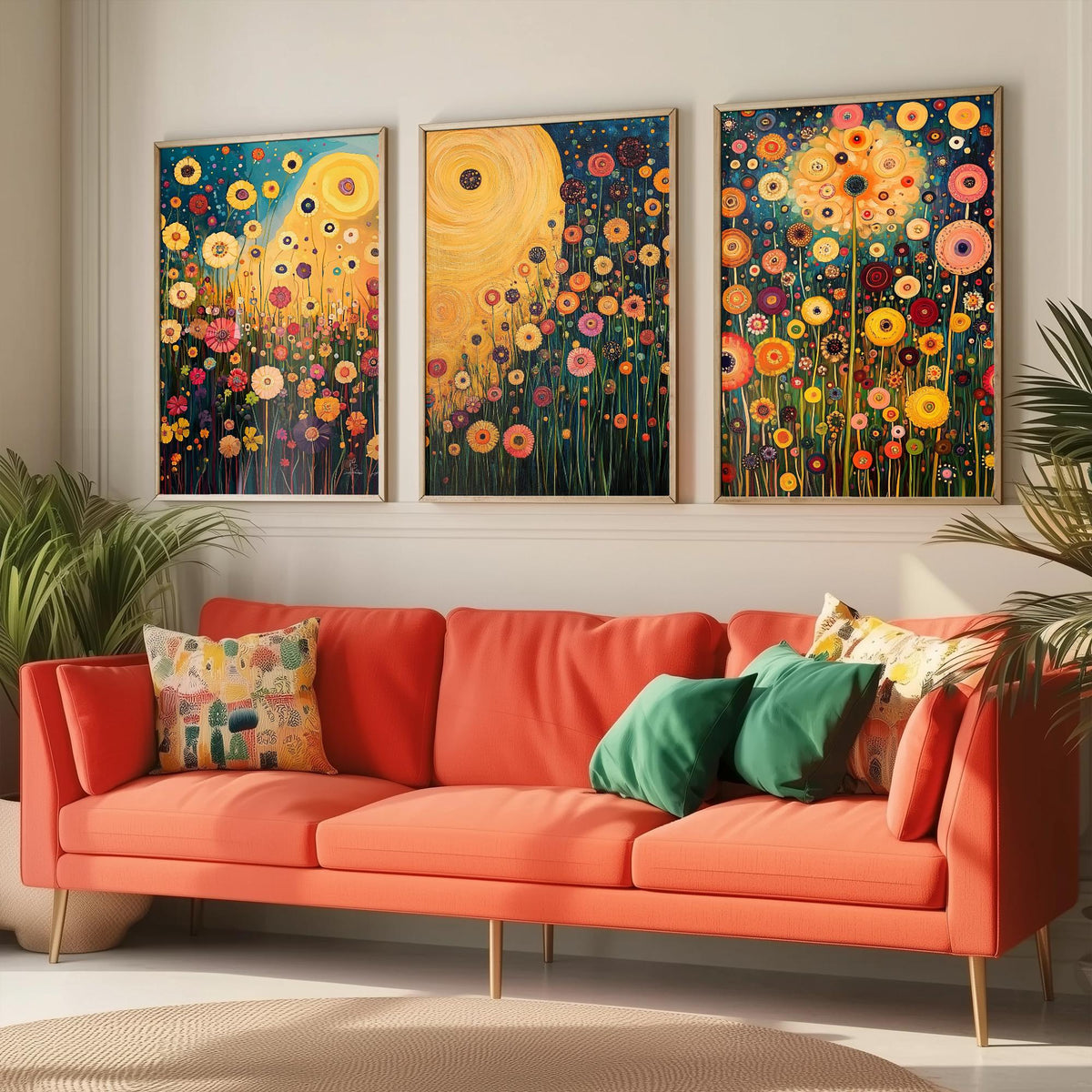 Wildflower Meadow Set of Three Art Prints - 3 Klimt Style Floral Posters - Gold Teal Painting Wall Art Gift Botanical Vibrant