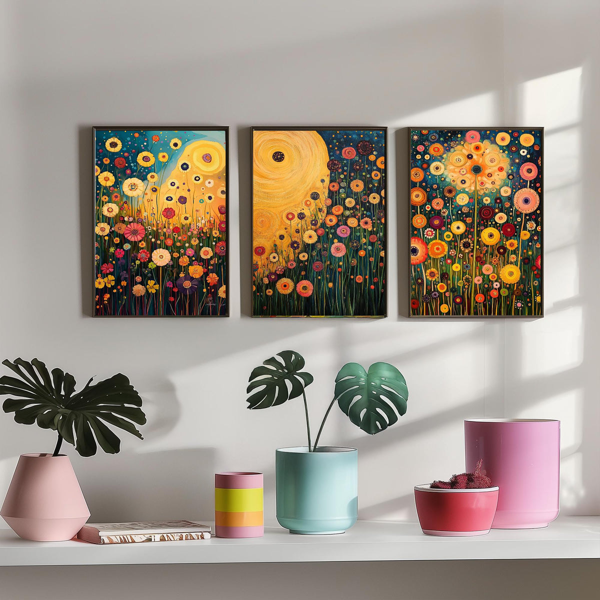 Wildflower Meadow Set of Three Art Prints - 3 Klimt Style Floral Posters - Gold Teal Painting Wall Art Gift Botanical Vibrant