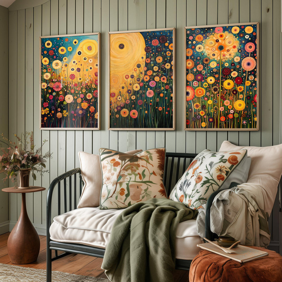 Wildflower Meadow Set of Three Art Prints - 3 Klimt Style Floral Posters - Gold Teal Painting Wall Art Gift Botanical Vibrant