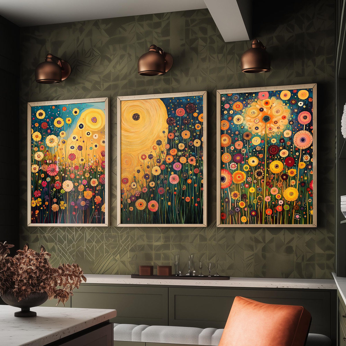 Wildflower Meadow Set of Three Art Prints - 3 Klimt Style Floral Posters - Gold Teal Painting Wall Art Gift Botanical Vibrant