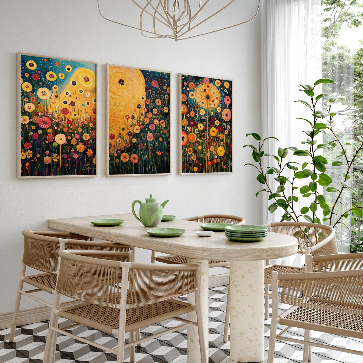 Wildflower Meadow Set of Three Art Prints - 3 Klimt Style Floral Posters - Gold Teal Painting Wall Art Gift Botanical Vibrant