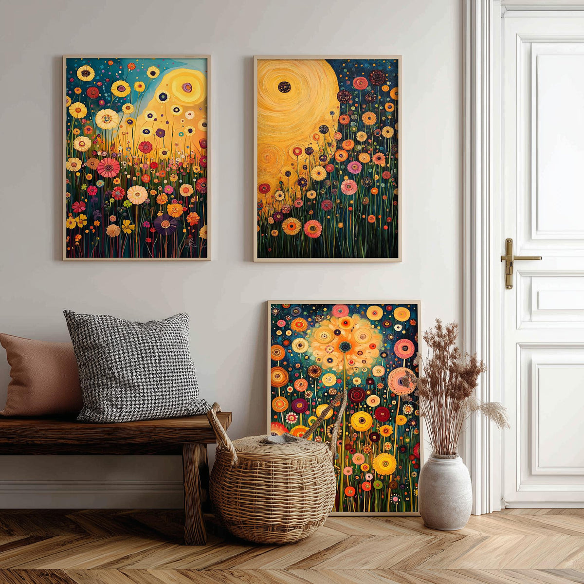 Wildflower Meadow Set of Three Art Prints - 3 Klimt Style Floral Posters - Gold Teal Painting Wall Art Gift Botanical Vibrant