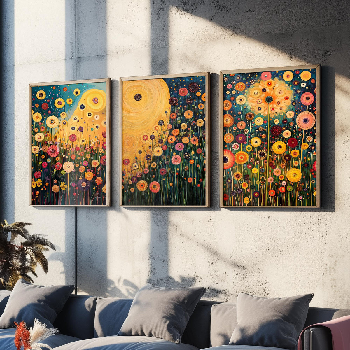 Wildflower Meadow Set of Three Art Prints - 3 Klimt Style Floral Posters - Gold Teal Painting Wall Art Gift Botanical Vibrant
