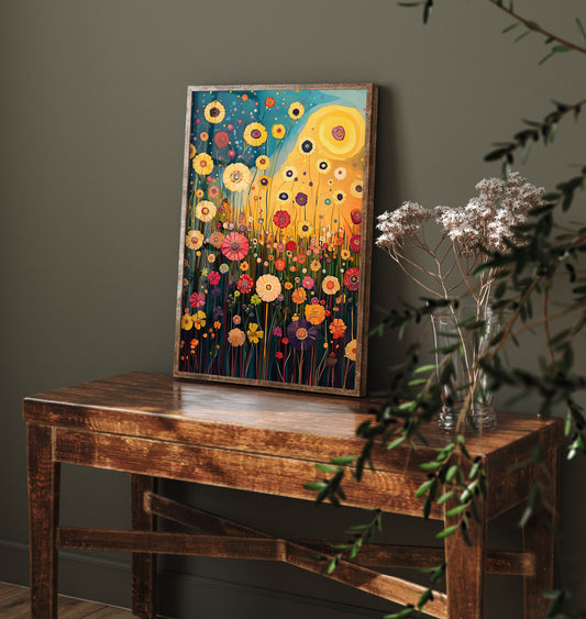 Klimt Inspired Flower Meadow at Sunset Art Print - Golden Sun Wildflower Painting Poster 1/3