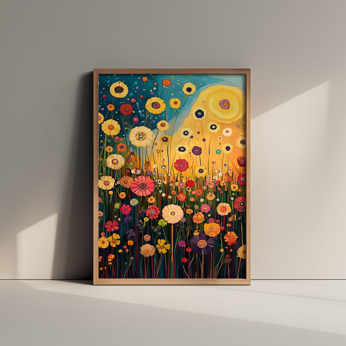 Klimt Inspired Flower Meadow at Sunset Art Print - Golden Sun Wildflower Painting Poster 1/3