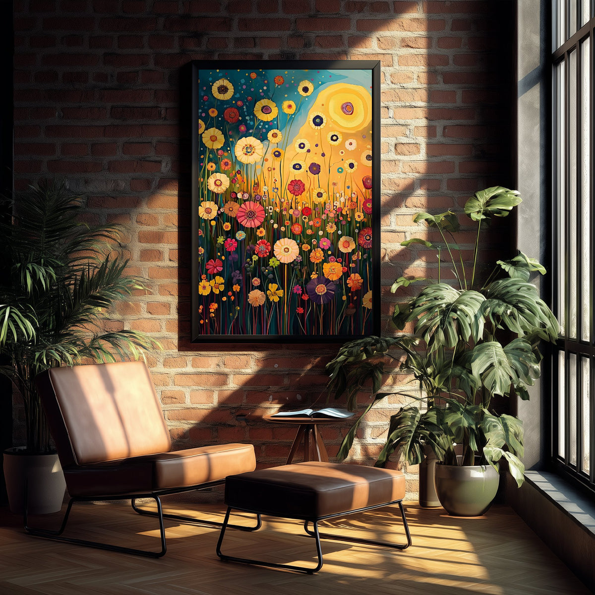 Klimt Inspired Flower Meadow at Sunset Art Print - Golden Sun Wildflower Painting Poster 1/3