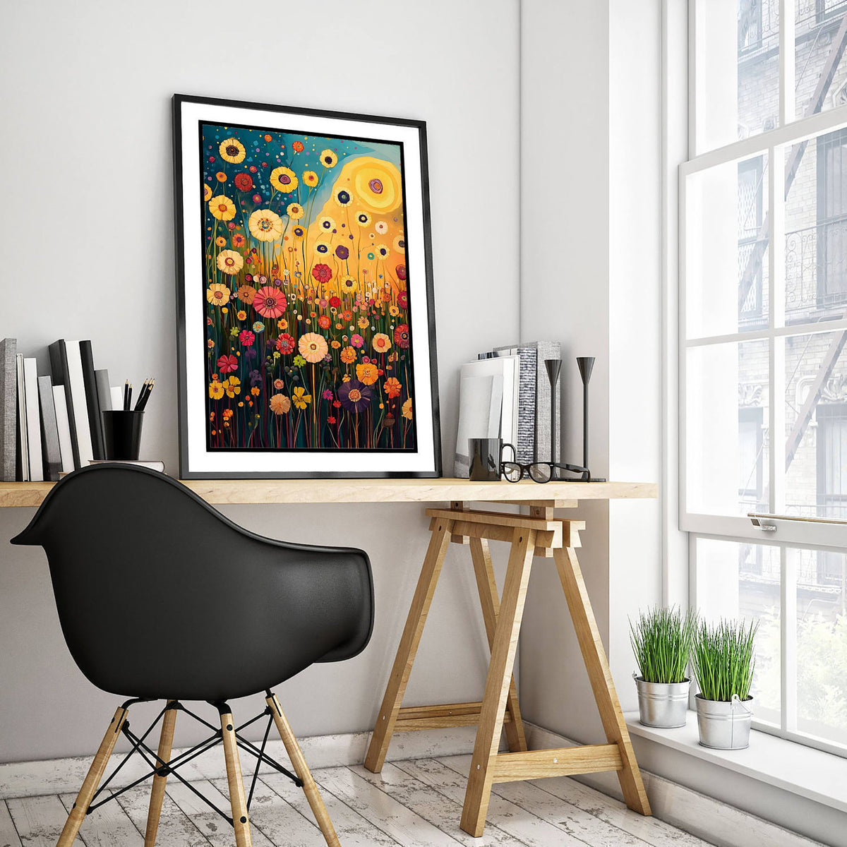Klimt Inspired Flower Meadow at Sunset Art Print - Golden Sun Wildflower Painting Poster 1/3