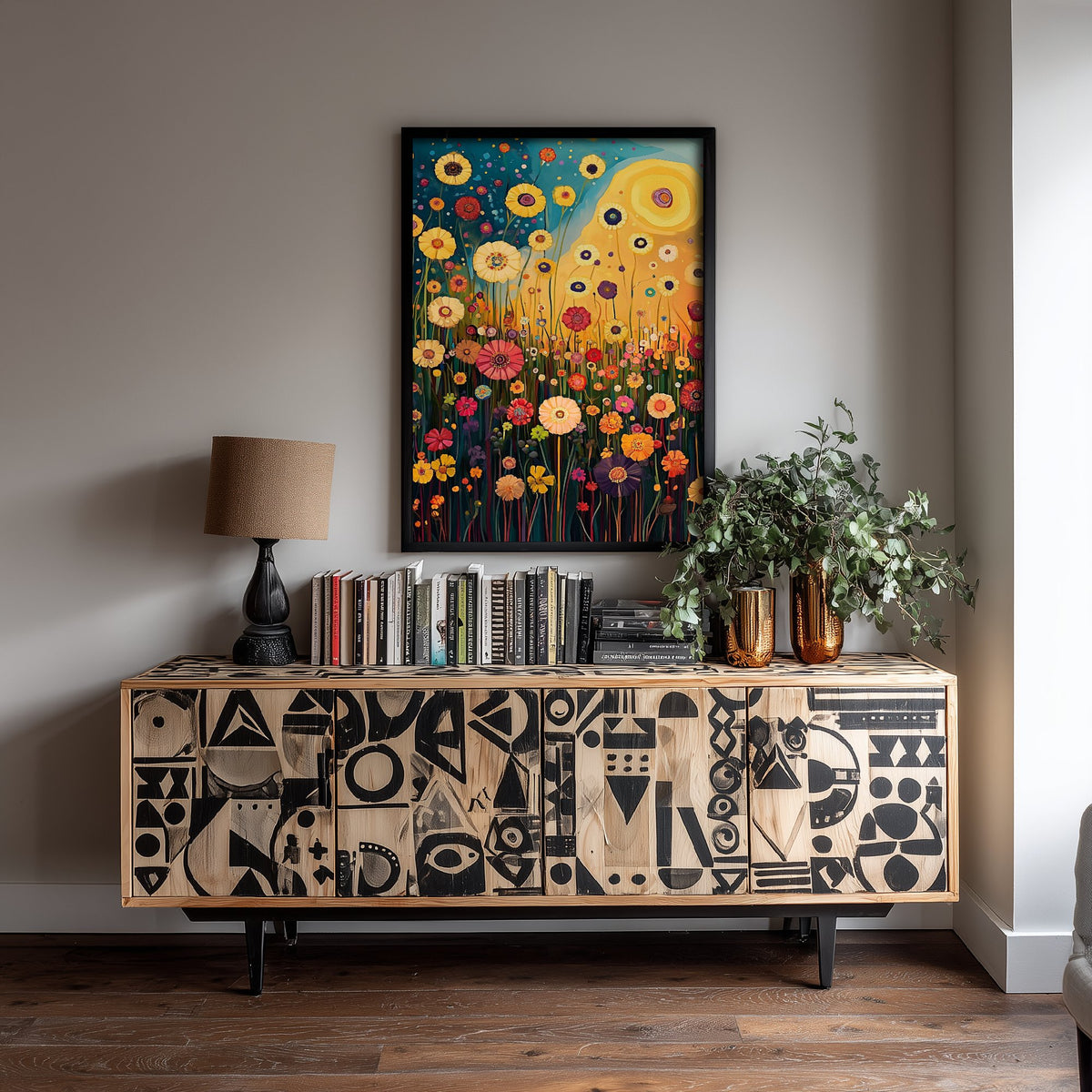 Klimt Inspired Flower Meadow at Sunset Art Print - Golden Sun Wildflower Painting Poster 1/3