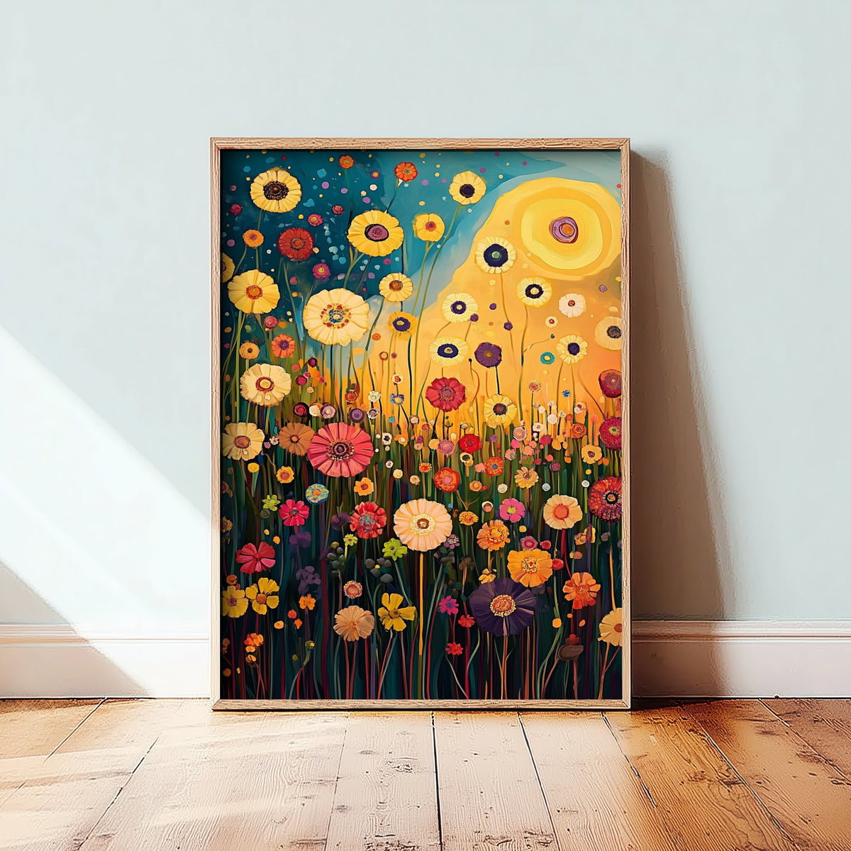 Klimt Inspired Flower Meadow at Sunset Art Print - Golden Sun Wildflower Painting Poster 1/3