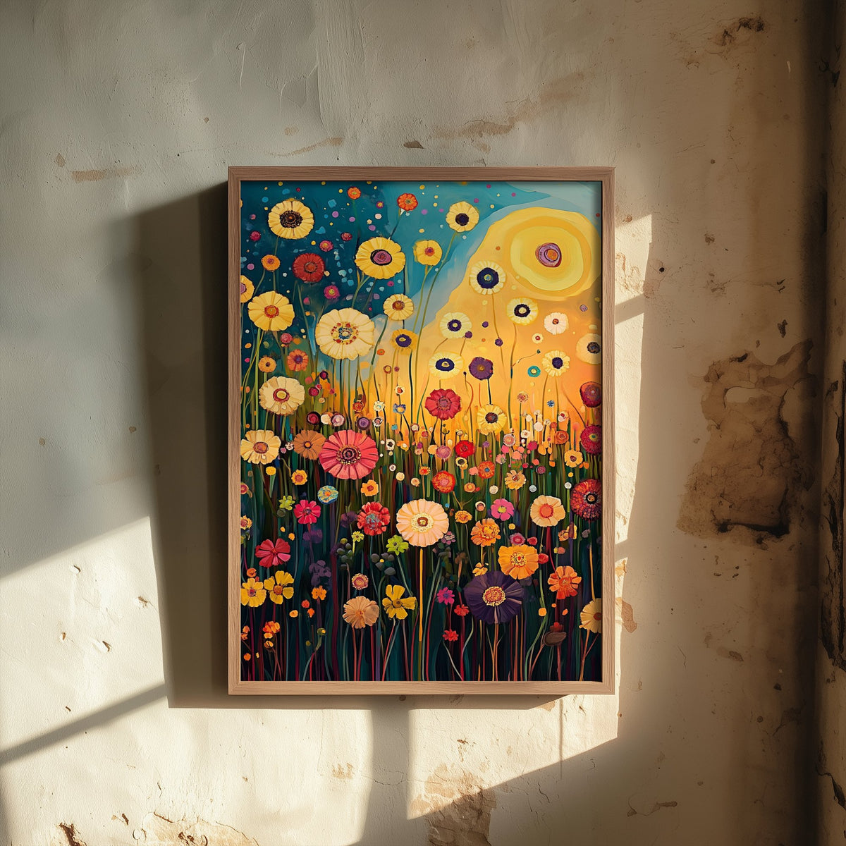 Klimt Inspired Flower Meadow at Sunset Art Print - Golden Sun Wildflower Painting Poster 1/3