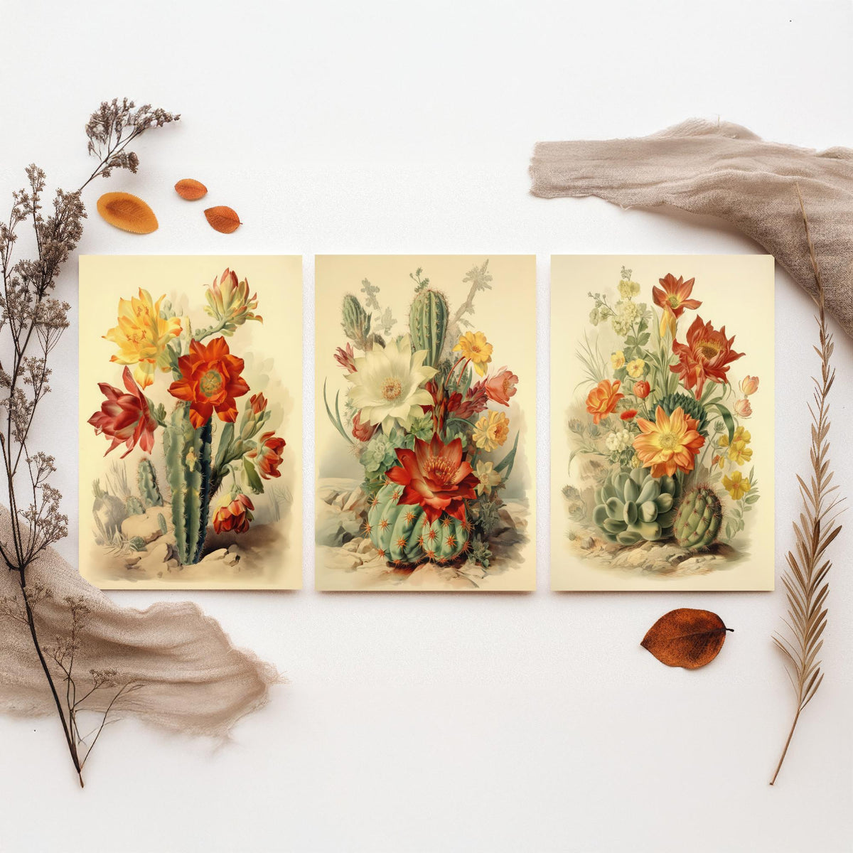 Flowering Cactus Set of Three Art Prints - Desert Cacti in Bloom - Vintage Botanical Southwestern Poster Illustration