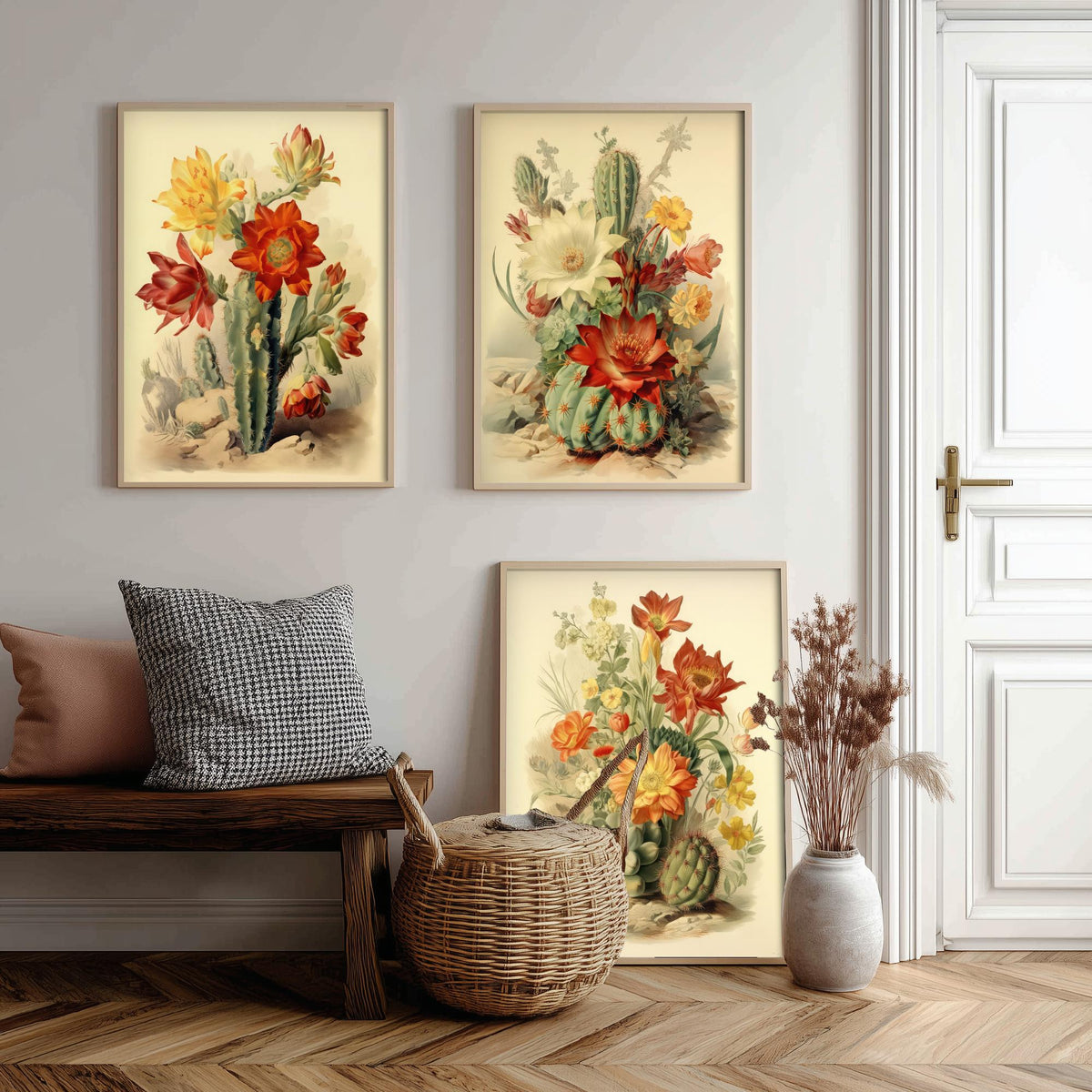 Flowering Cactus Set of Three Art Prints - Desert Cacti in Bloom - Vintage Botanical Southwestern Poster Illustration