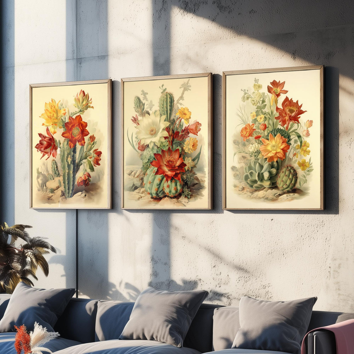 Flowering Cactus Set of Three Art Prints - Desert Cacti in Bloom - Vintage Botanical Southwestern Poster Illustration