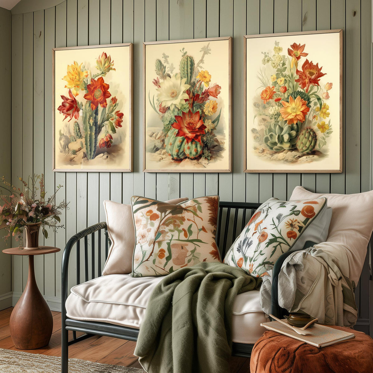 Flowering Cactus Set of Three Art Prints - Desert Cacti in Bloom - Vintage Botanical Southwestern Poster Illustration