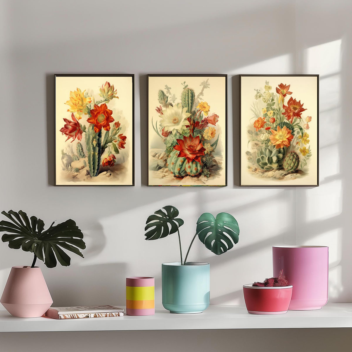 Flowering Cactus Set of Three Art Prints - Desert Cacti in Bloom - Vintage Botanical Southwestern Poster Illustration