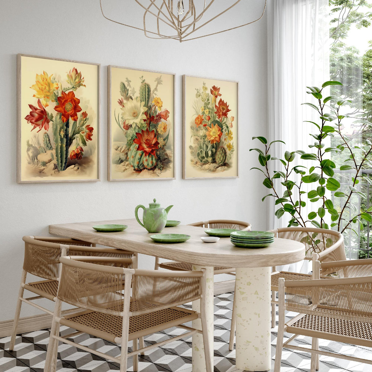 Flowering Cactus Set of Three Art Prints - Desert Cacti in Bloom - Vintage Botanical Southwestern Poster Illustration