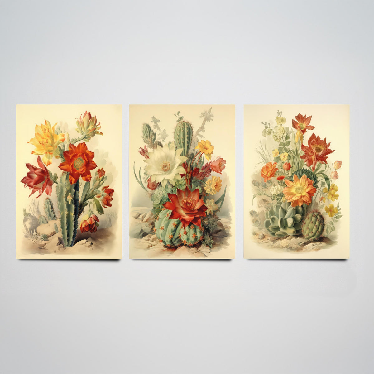 Flowering Cactus Set of Three Art Prints - Desert Cacti in Bloom - Vintage Botanical Southwestern Poster Illustration