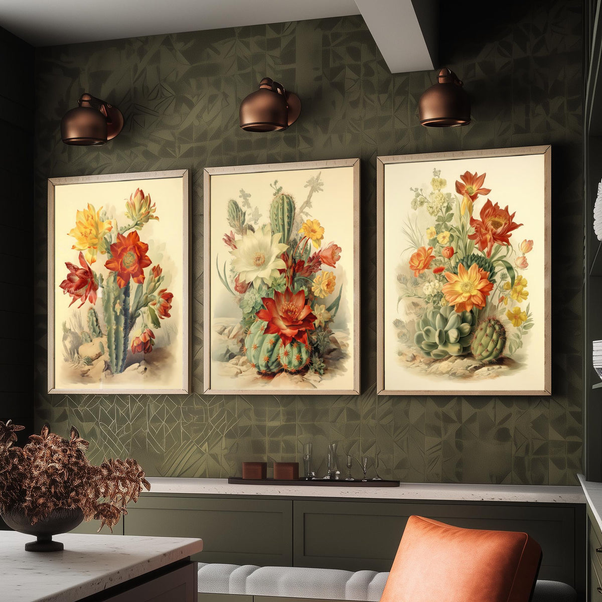 Flowering Cactus Set of Three Art Prints - Desert Cacti in Bloom - Vintage Botanical Southwestern Poster Illustration