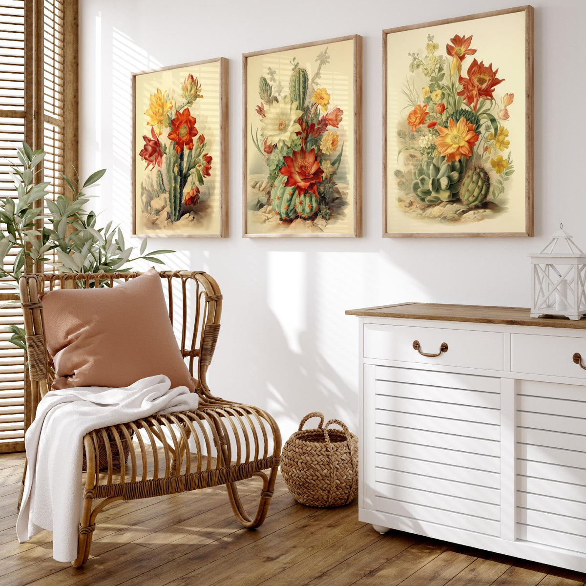 Flowering Cactus Set of Three Art Prints - Desert Cacti in Bloom - Vintage Botanical Southwestern Poster Illustration
