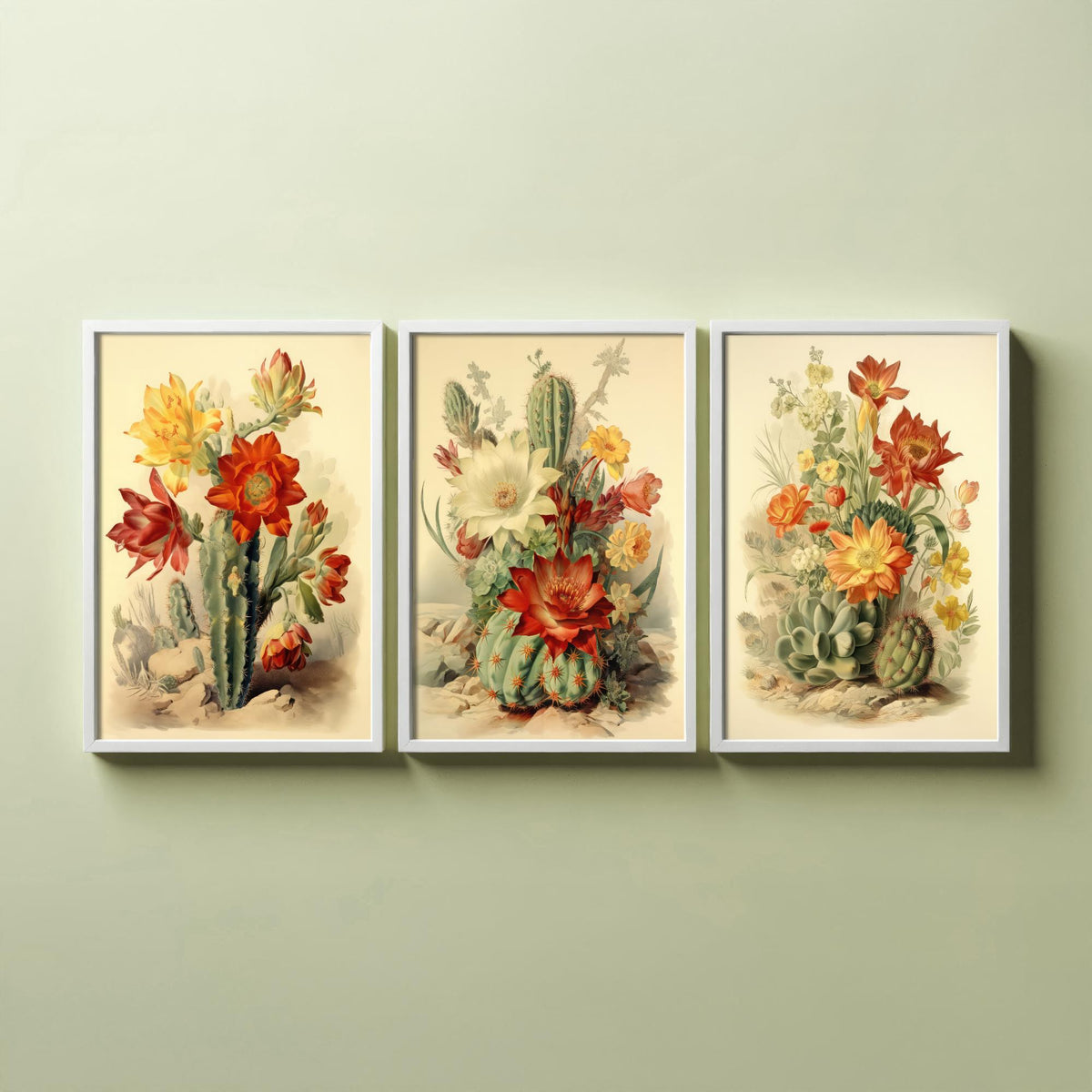 Flowering Cactus Set of Three Art Prints - Desert Cacti in Bloom - Vintage Botanical Southwestern Poster Illustration