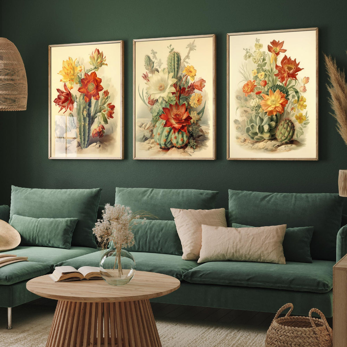 Flowering Cactus Set of Three Art Prints - Desert Cacti in Bloom - Vintage Botanical Southwestern Poster Illustration