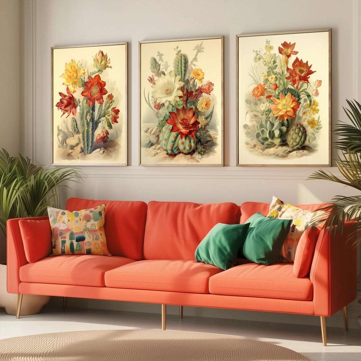 Flowering Cactus Set of Three Art Prints - Desert Cacti in Bloom - Vintage Botanical Southwestern Poster Illustration