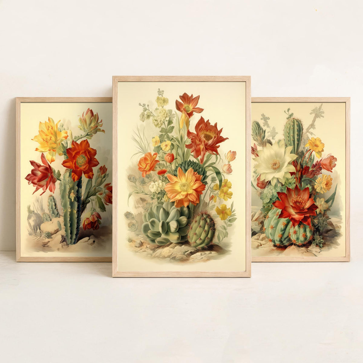 Flowering Cactus Set of Three Art Prints - Desert Cacti in Bloom - Vintage Botanical Southwestern Poster Illustration