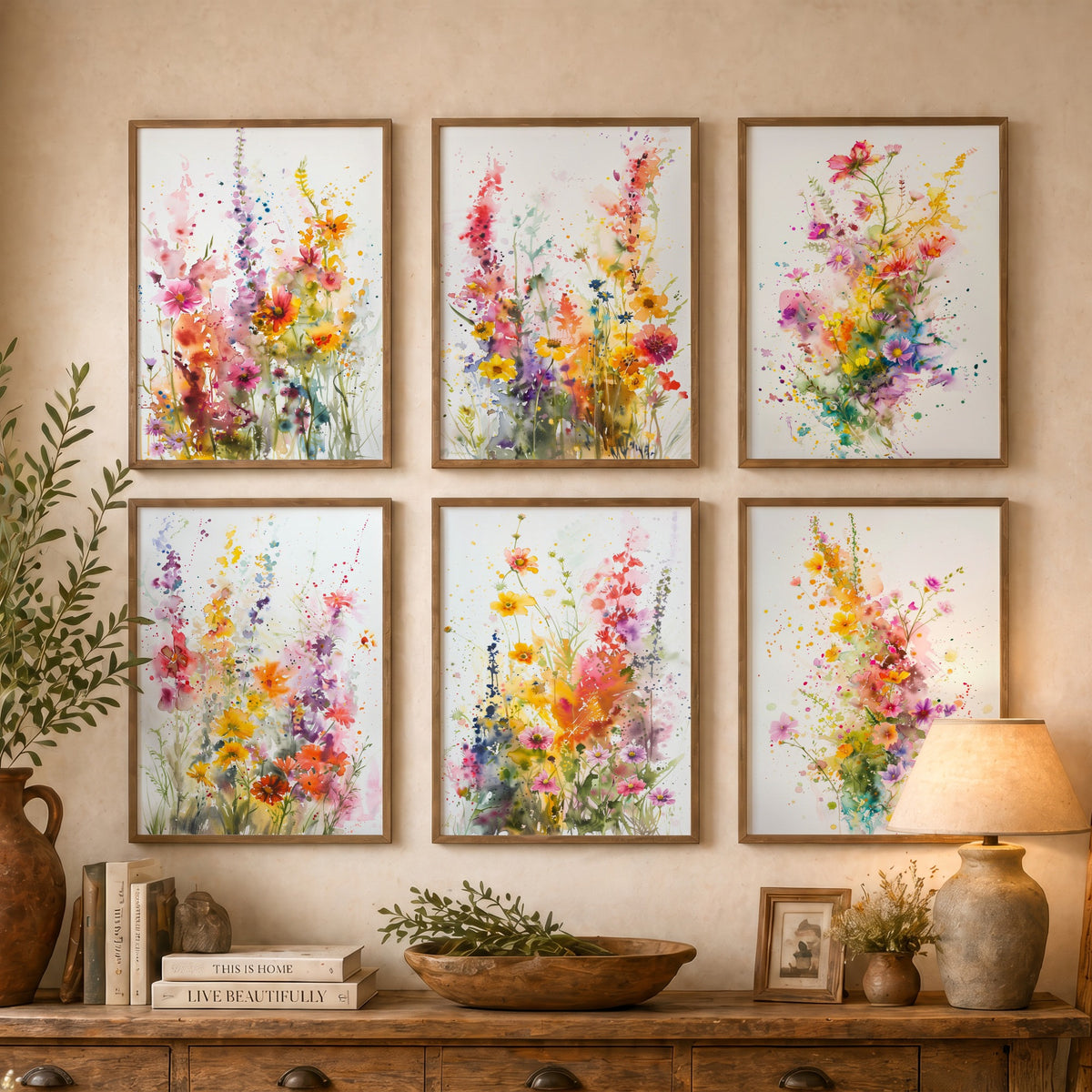Set of Six Watercolour Wildflower Art Prints - 6 Loose Floral Splash Posters - Foxglove, Cosmos, Poppy, Delphinium Painting V2