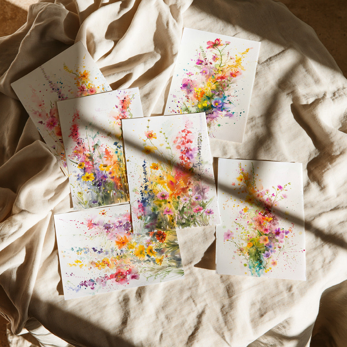 Set of Six Watercolour Wildflower Art Prints - 6 Loose Floral Splash Posters - Foxglove, Cosmos, Poppy, Delphinium Painting V2
