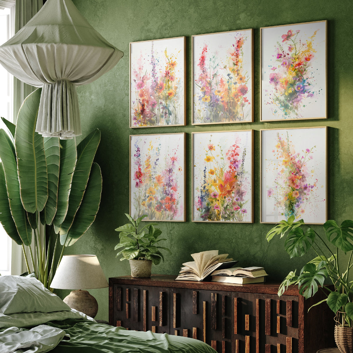 Set of Six Watercolour Wildflower Art Prints - 6 Loose Floral Splash Posters - Foxglove, Cosmos, Poppy, Delphinium Painting V2