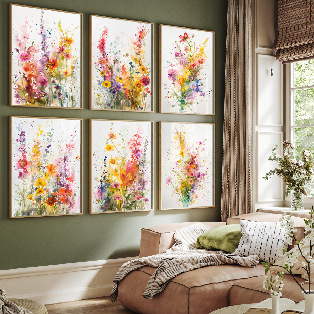 Set of Six Watercolour Wildflower Art Prints - 6 Loose Floral Splash Posters - Foxglove, Cosmos, Poppy, Delphinium Painting V2