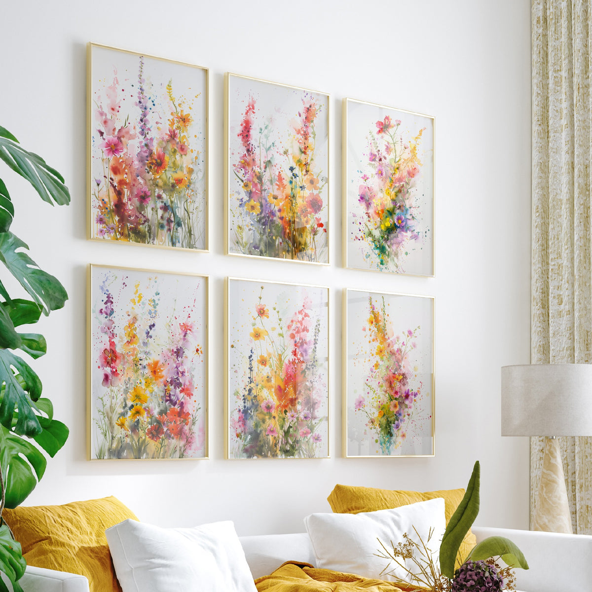 Set of Six Watercolour Wildflower Art Prints - 6 Loose Floral Splash Posters - Foxglove, Cosmos, Poppy, Delphinium Painting V2