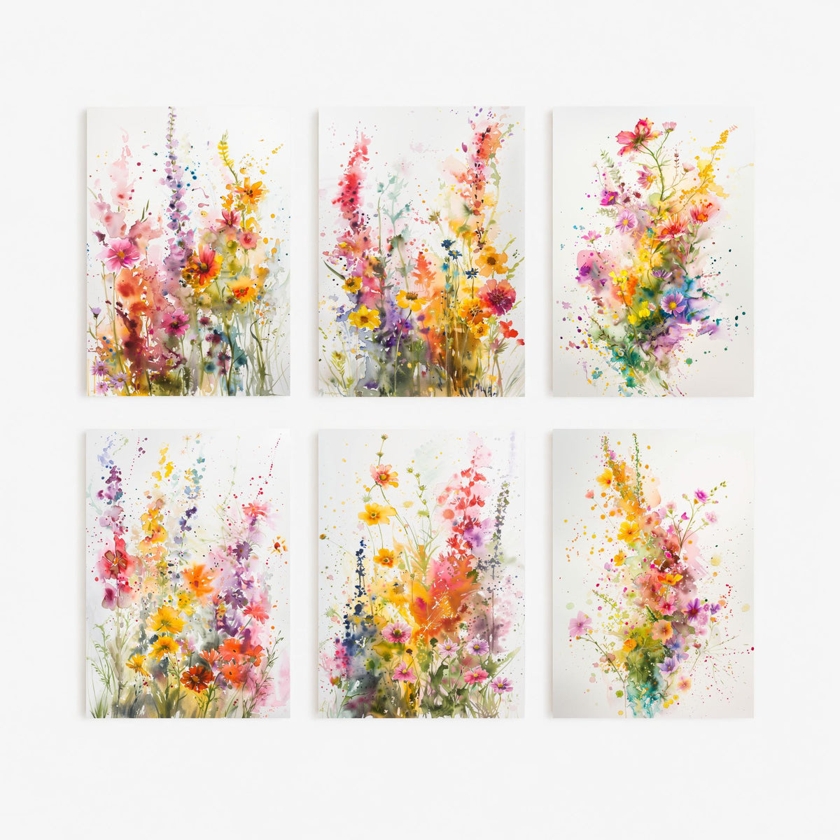 Set of Six Watercolour Wildflower Art Prints - 6 Loose Floral Splash Posters - Foxglove, Cosmos, Poppy, Delphinium Painting V2