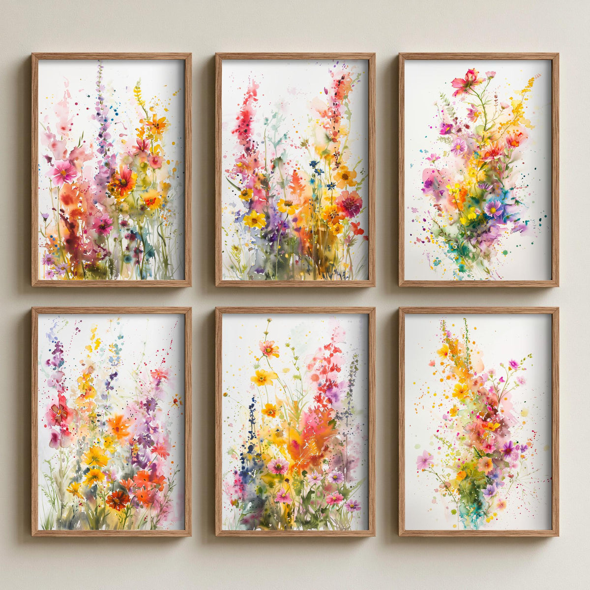 Set of Six Watercolour Wildflower Art Prints - 6 Loose Floral Splash Posters - Foxglove, Cosmos, Poppy, Delphinium Painting V2
