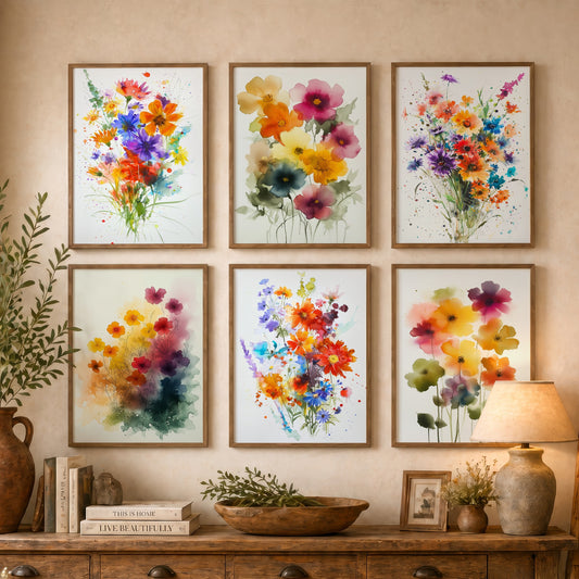 Set of Six Watercolour Flower Bouquet Art Prints - 6 Bright Wildflower Posters - Cosmos, Cornflower, Poppy, Anemone Painting V9