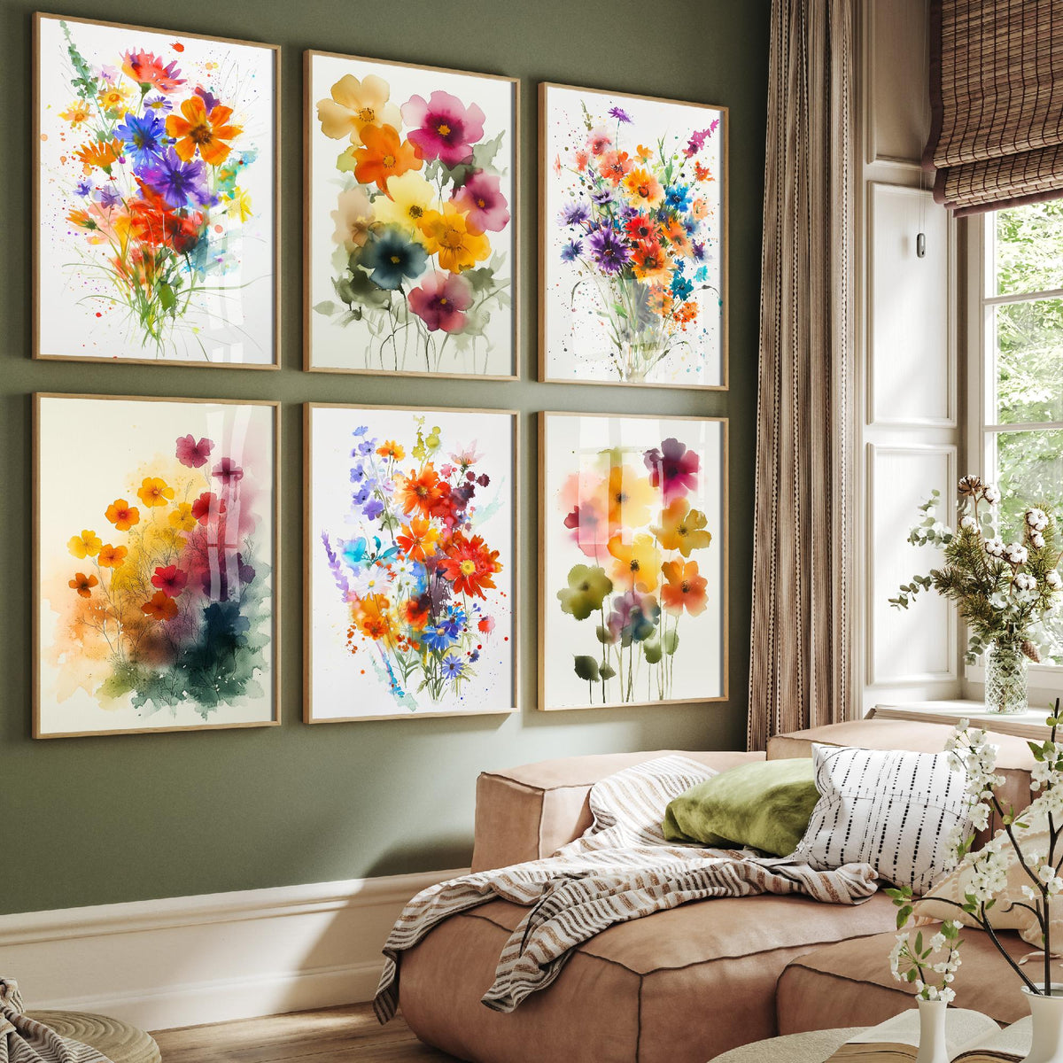 Set of Six Watercolour Flower Bouquet Art Prints - 6 Bright Wildflower Posters - Cosmos, Cornflower, Poppy, Anemone Painting V9
