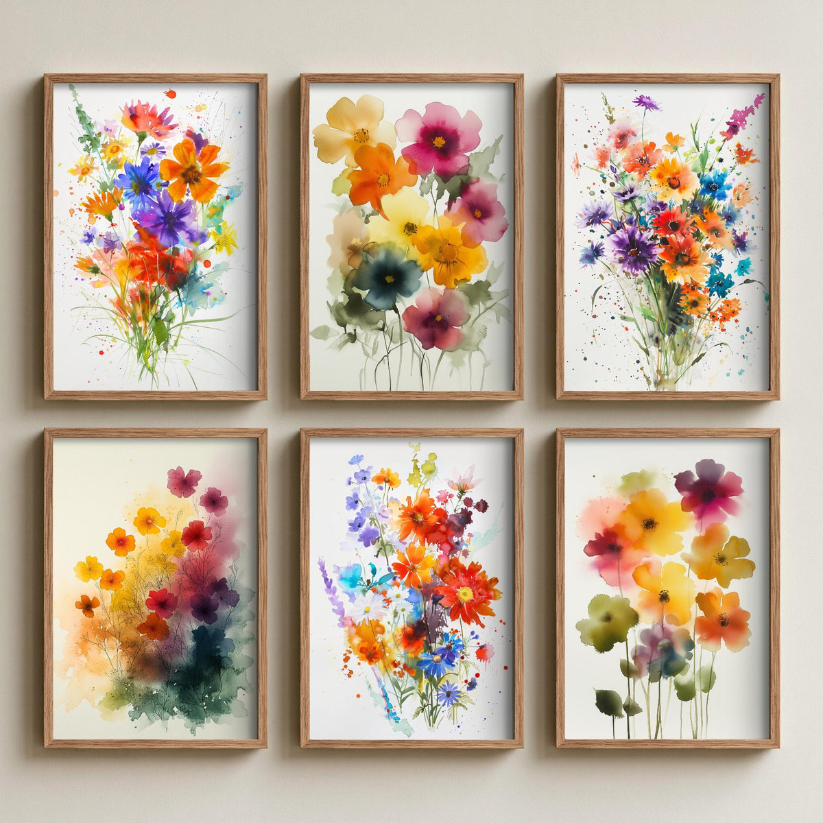 Set of Six Watercolour Flower Bouquet Art Prints - 6 Bright Wildflower Posters - Cosmos, Cornflower, Poppy, Anemone Painting V9