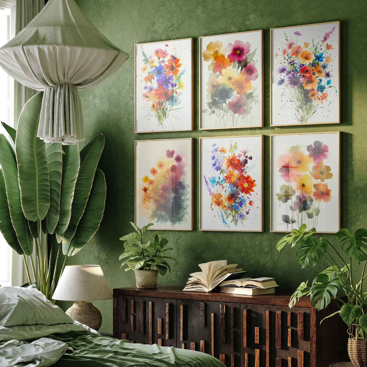 Set of Six Watercolour Flower Bouquet Art Prints - 6 Bright Wildflower Posters - Cosmos, Cornflower, Poppy, Anemone Painting V9