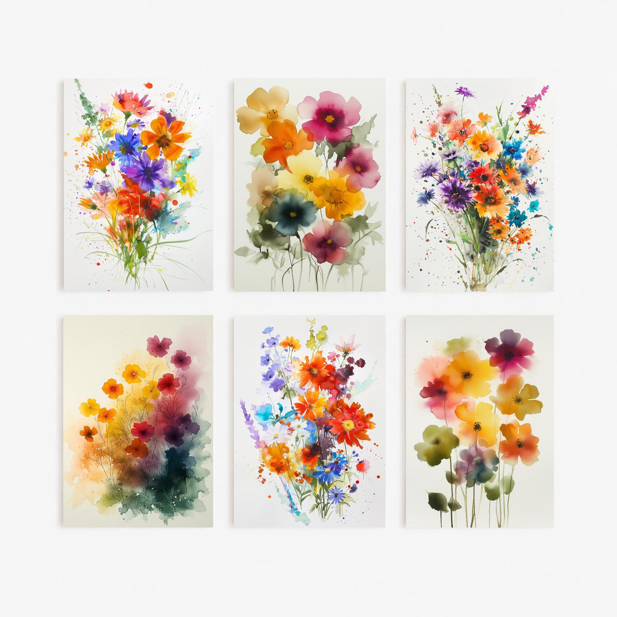 Set of Six Watercolour Flower Bouquet Art Prints - 6 Bright Wildflower Posters - Cosmos, Cornflower, Poppy, Anemone Painting V9