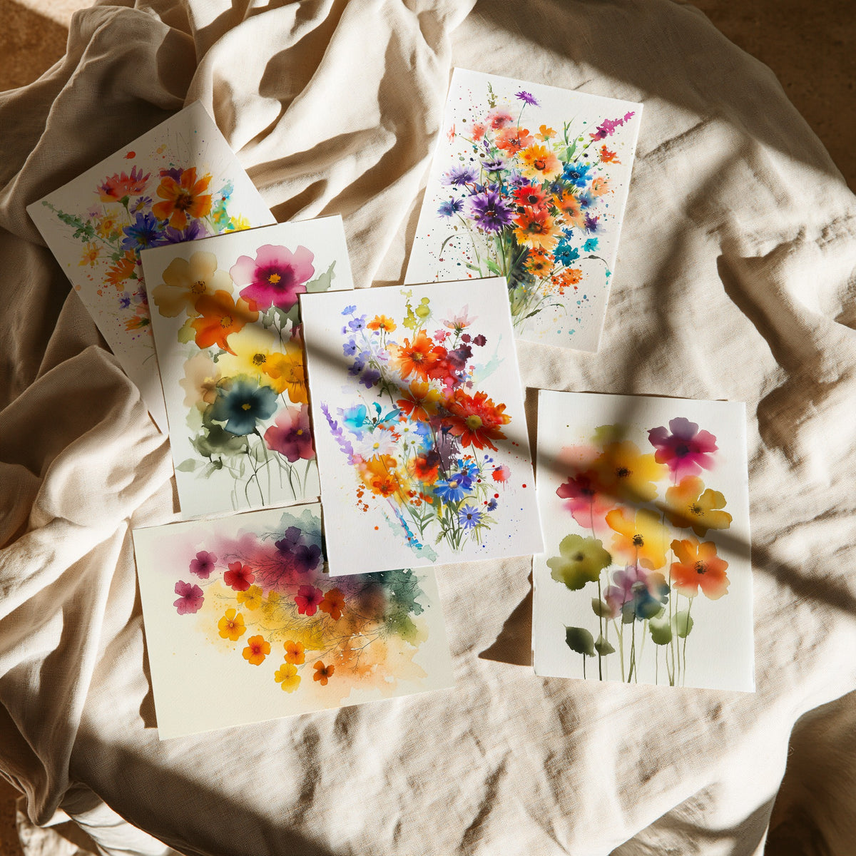 Set of Six Watercolour Flower Bouquet Art Prints - 6 Bright Wildflower Posters - Cosmos, Cornflower, Poppy, Anemone Painting V9