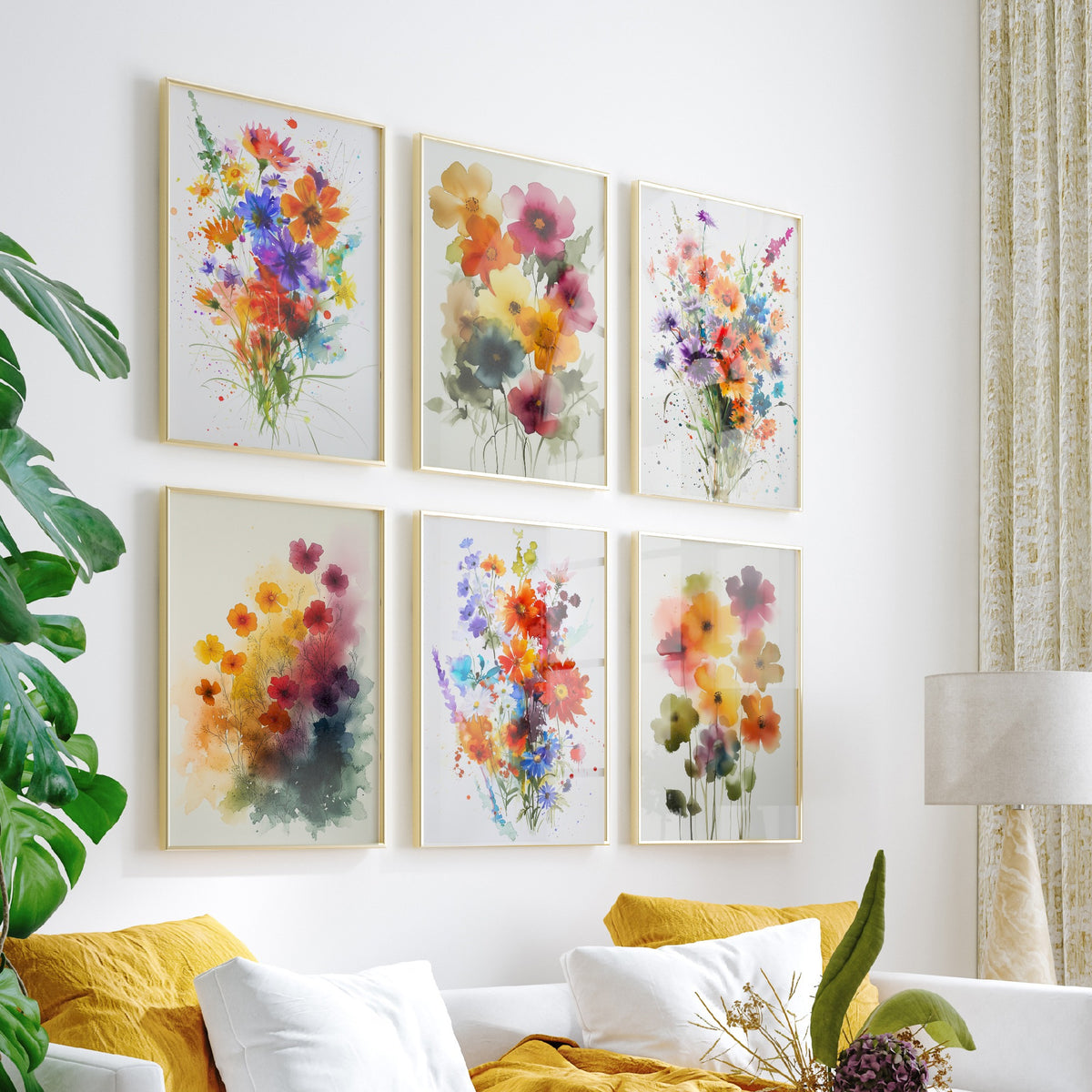Set of Six Watercolour Flower Bouquet Art Prints - 6 Bright Wildflower Posters - Cosmos, Cornflower, Poppy, Anemone Painting V9