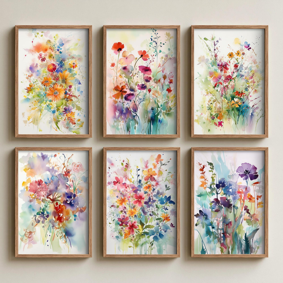 Set of Six Violet and Orange Watercolour Flower Art Prints - 6 Soft Wildflower Posters - Poppies, Daisies, Pansies Painting V1